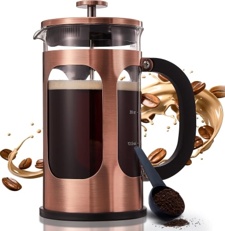 A French press coffee maker, showcasing its sleek design and functionality for brewing rich coffee.