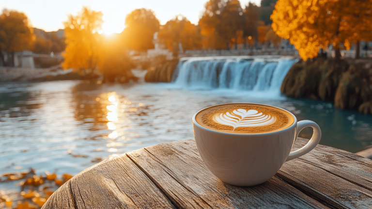 A cup of coffee rests on a wooden table, with a serene waterfall cascading in the background.