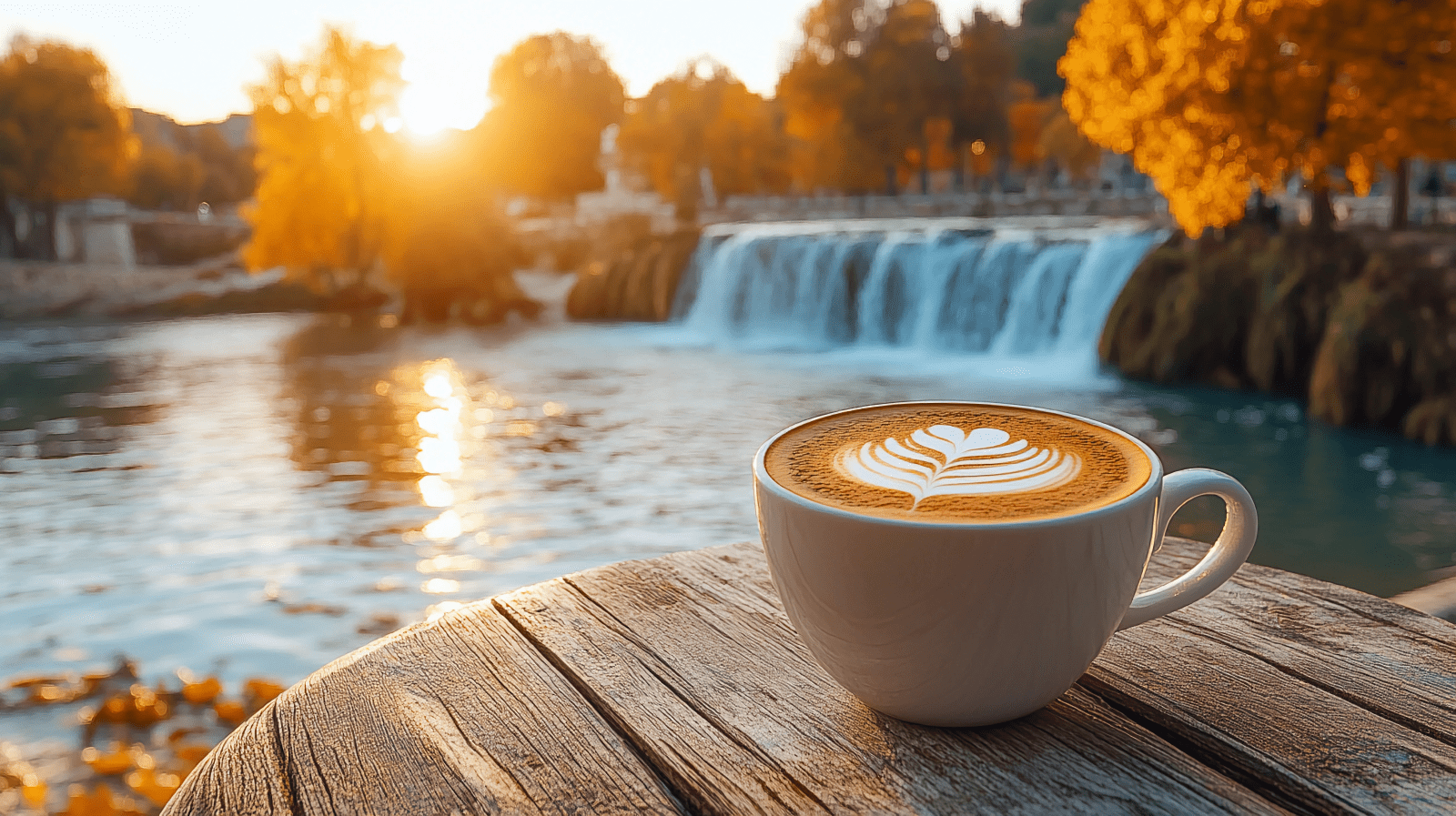 A cup of coffee rests on a wooden table, with a serene waterfall cascading in the background.