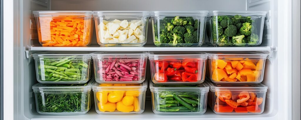 A refrigerator packed with colorful plastic containers filled with fresh vegetables, ready for healthy meals.