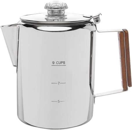 A stainless steel coffee pot featuring a sleek design and a warm wooden handle for an elegant touch.