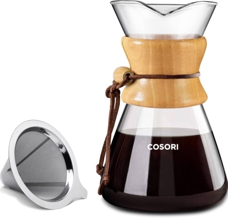 A Cozori pour-over coffee maker elegantly brewing coffee, showcasing its sleek design and functionality in a modern kitchen setting.