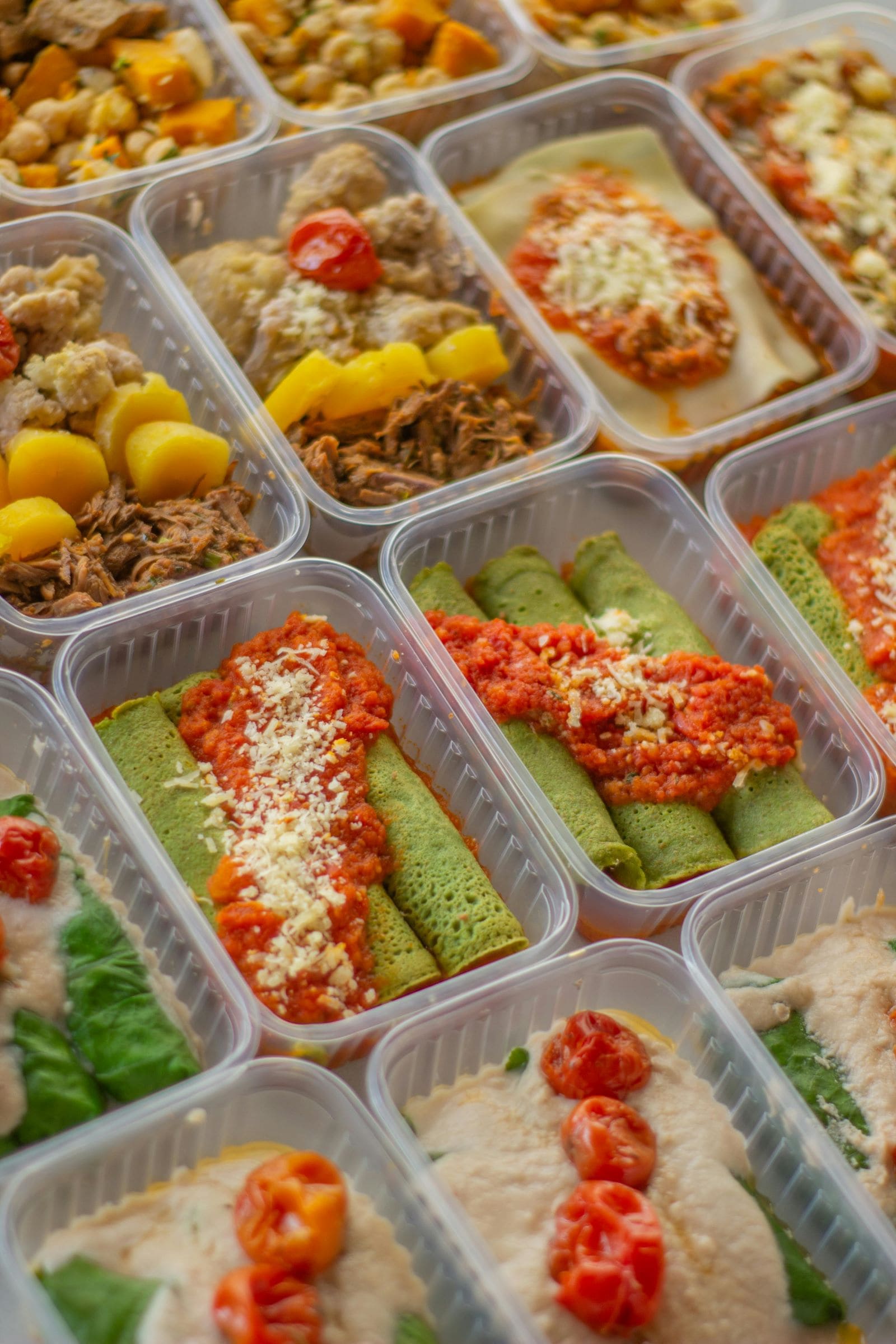 A collection of plastic containers filled with various types of food, neatly arranged for easy access and storage.