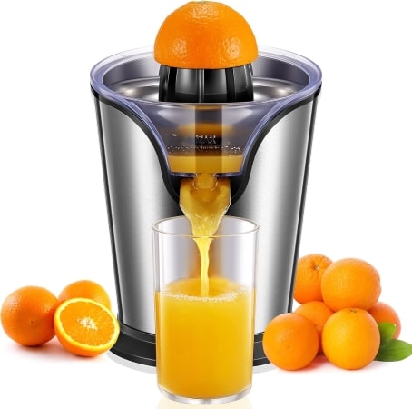 A juicer filled with fresh oranges, showcasing the vibrant color and texture of the fruit ready for juicing.