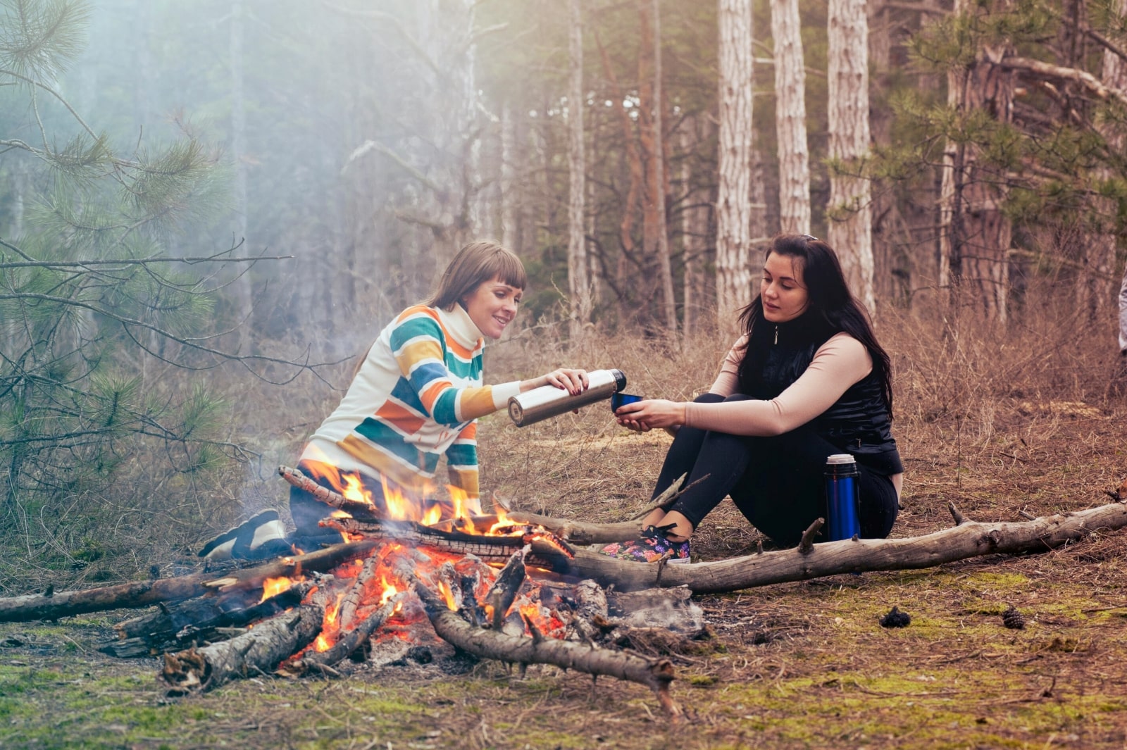 Two women enjoying a campfire in the woods, surrounded by trees and a serene natural setting.