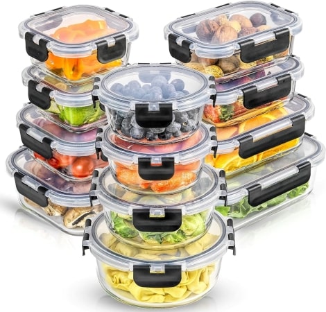 A colorful stack of six plastic food containers filled with various meals, neatly organized for easy access.