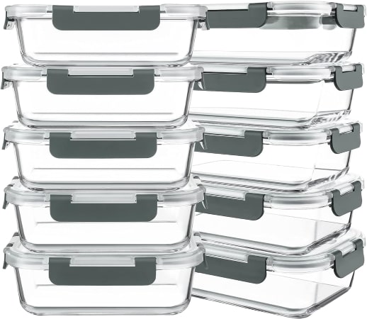 A set of six transparent glass containers with matching lids, perfect for storage and organization in any kitchen.