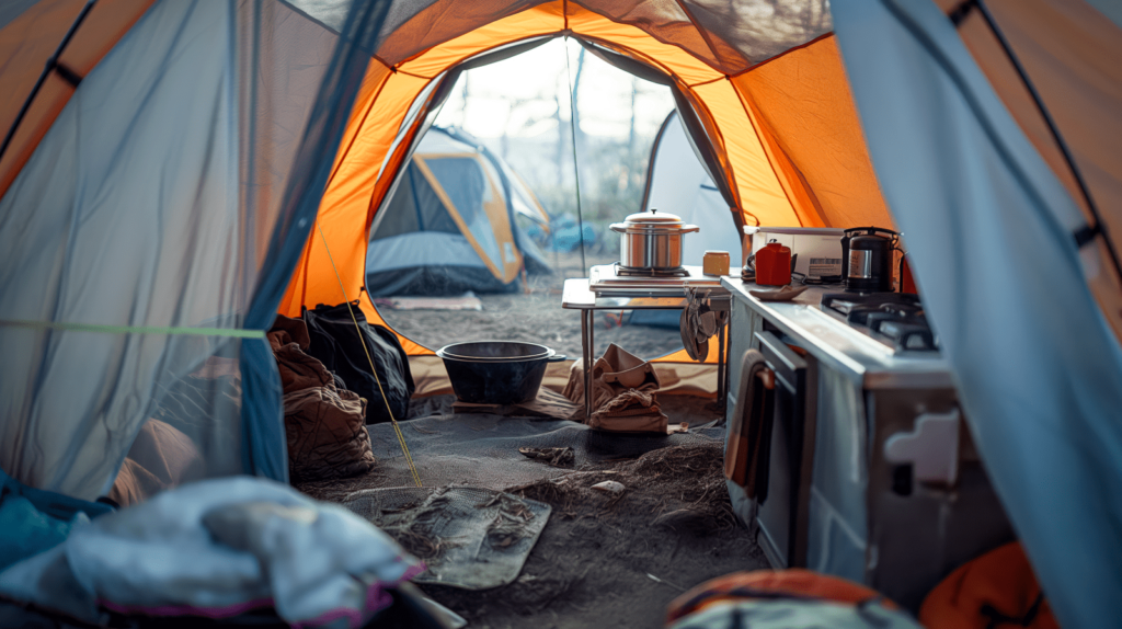 Inside tent with various kitchen items including stove and pot