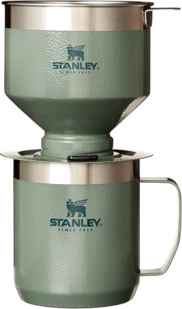 A Stanley coffee pot featuring a lid and a sturdy handle, designed for brewing and serving coffee efficiently.