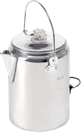 A sleek stainless steel kettle with a lid, reflecting light and showcasing its polished surface.