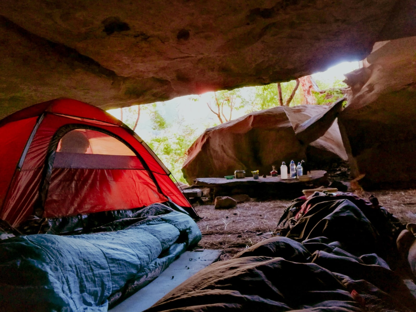 A tent is pitched in a serene forest setting, adjacent to a natural cave entrance, surrounded by trees and foliage.