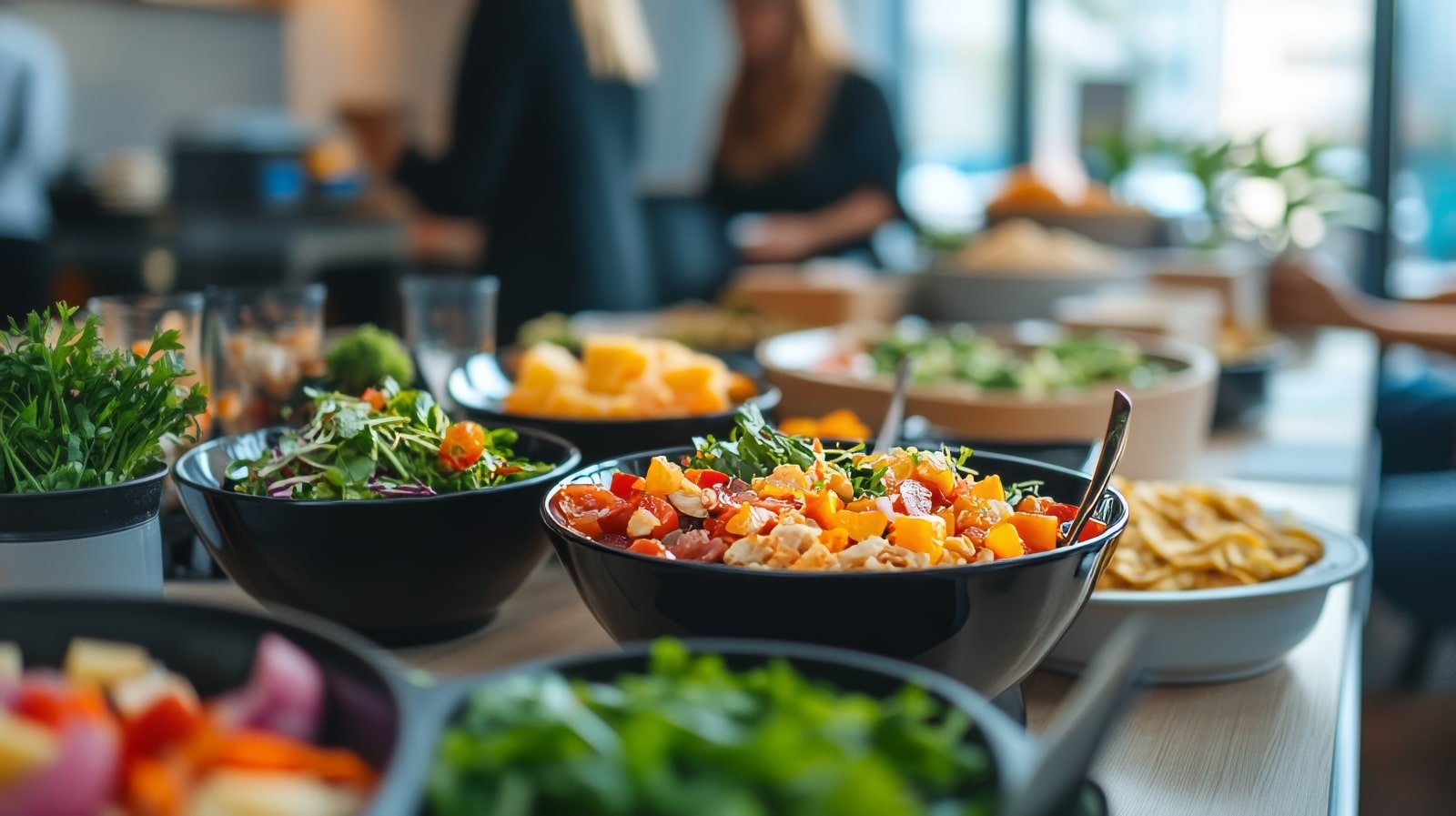 A buffet table displaying a variety of dishes, including appetizers, main courses, and desserts, inviting guests to serve themselves.