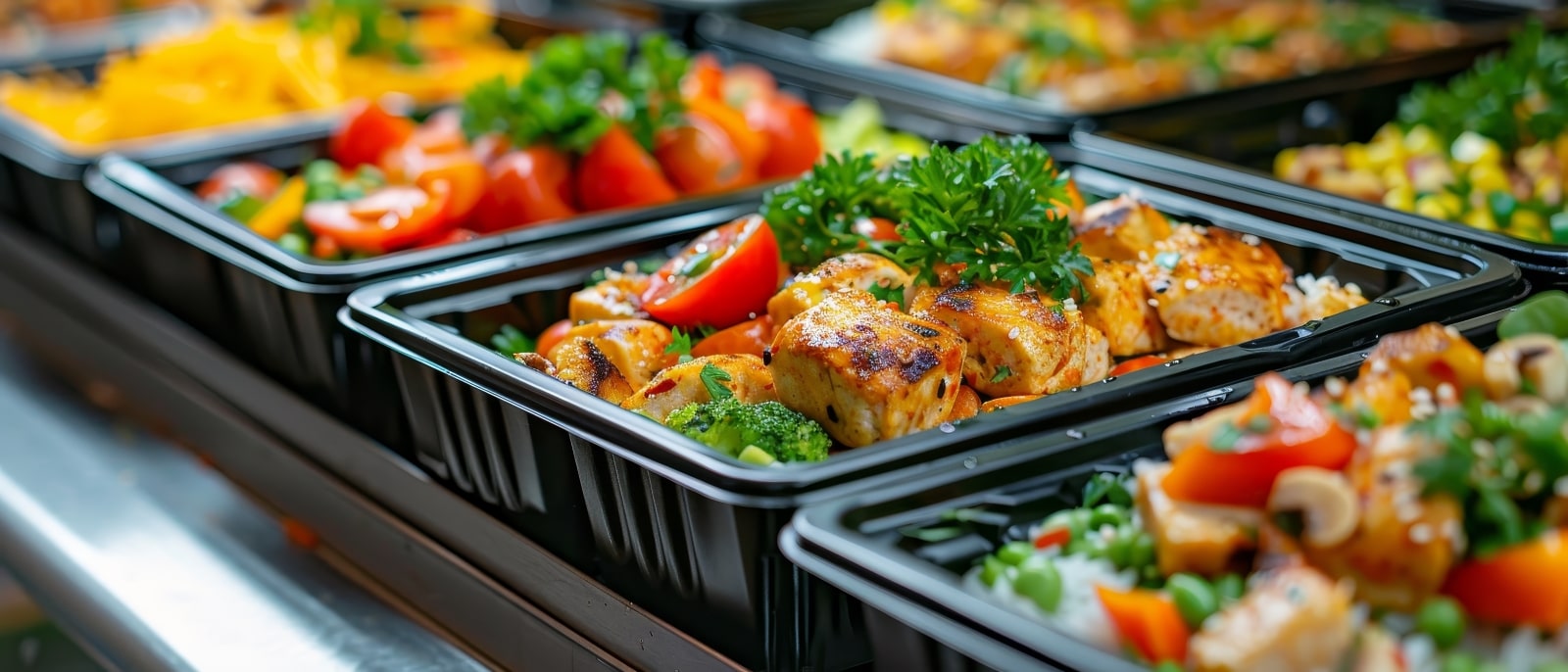 A selection of diverse food items arranged in plastic containers on a kitchen counter.