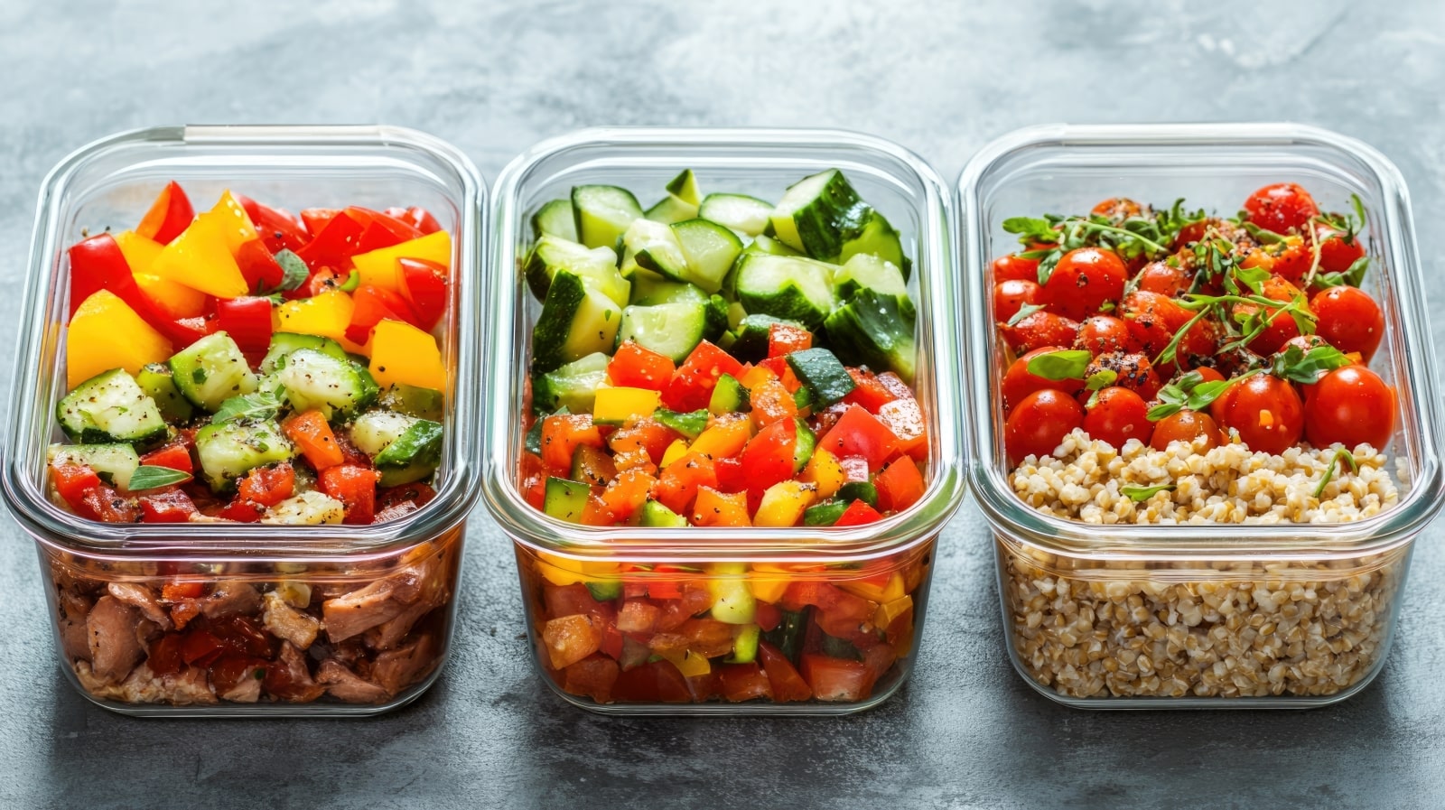 Three containers filled with various types of food, showcasing a colorful assortment of ingredients and dishes.