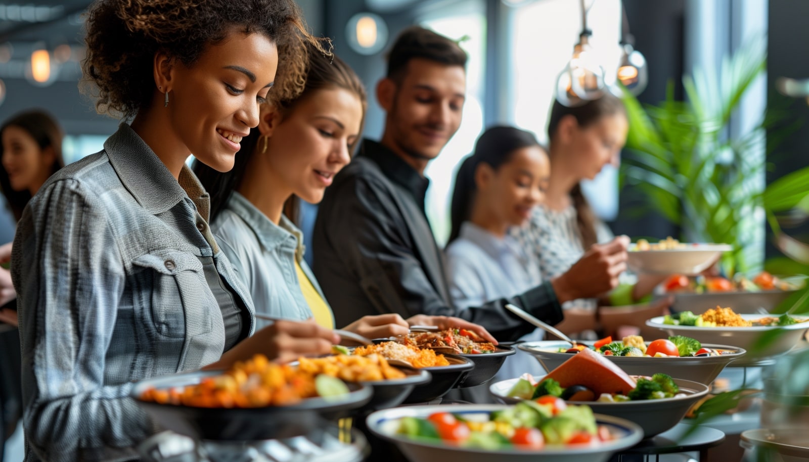 A diverse group of individuals enjoying a variety of dishes at a buffet table, sharing a meal together.