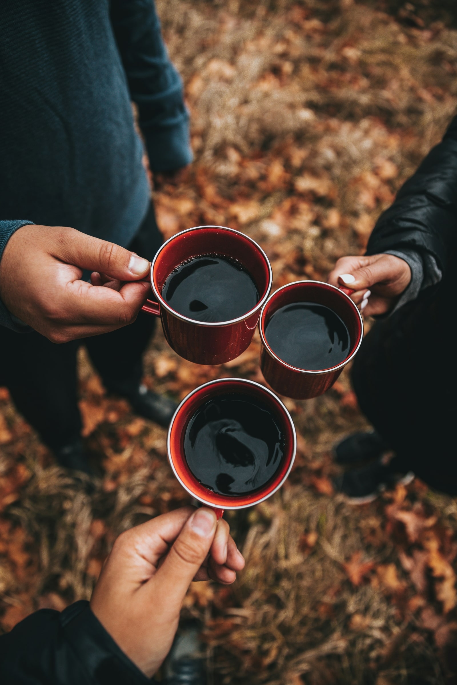 Three individuals enjoy coffee together outdoors amidst vibrant fall foliage.