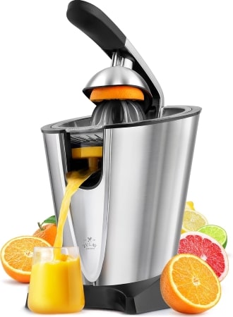 A juicer surrounded by fresh oranges, showcasing the vibrant color and freshness of the fruit ready for juicing.