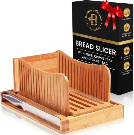 A wooden bread slicer placed next to an elegantly wrapped gift box, showcasing a perfect kitchen accessory for gifting.