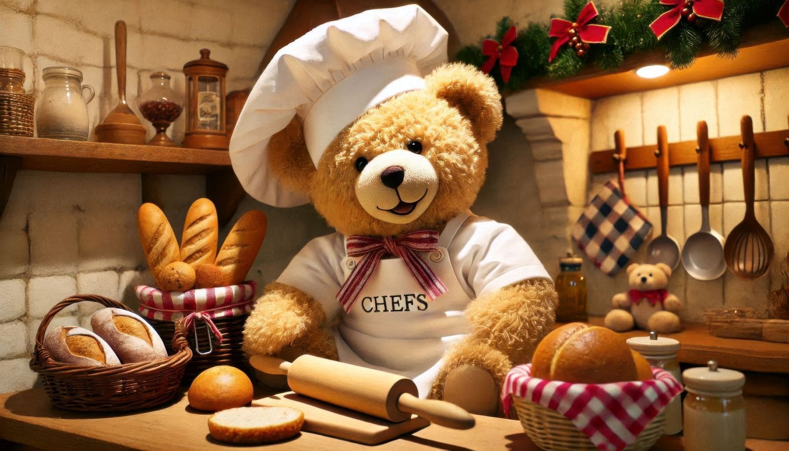 A teddy bear in a chef hat stands before a table adorned with bread and various culinary items.