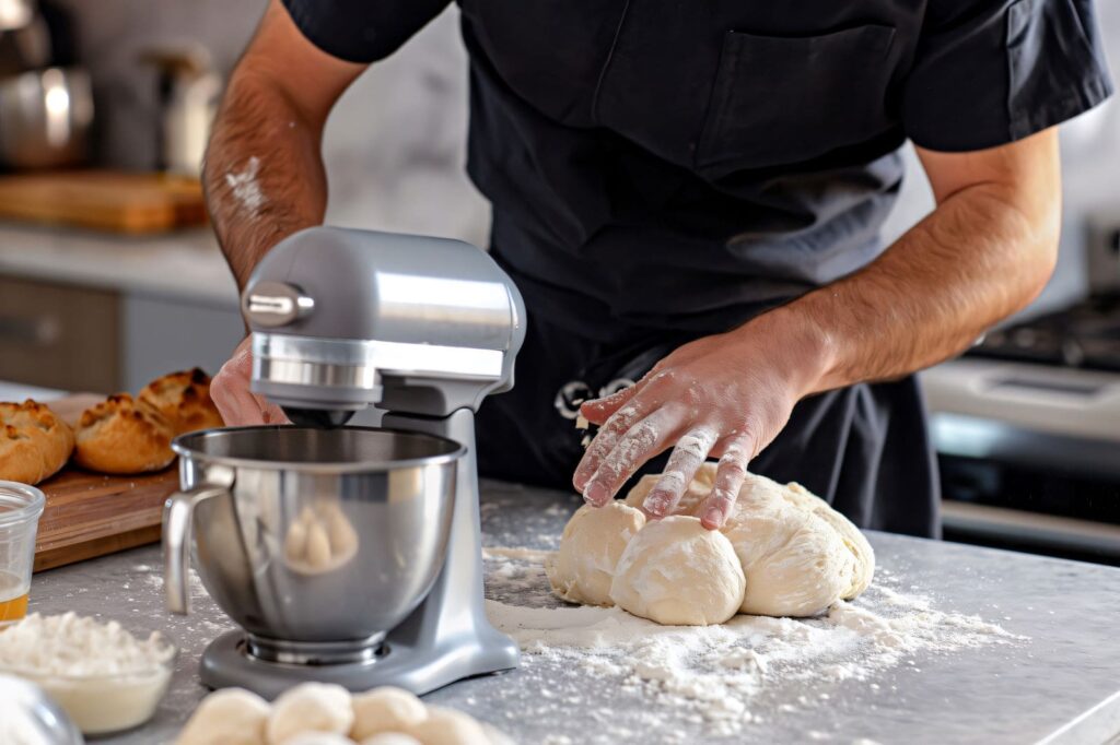 A man in a black shirt is skillfully preparing dough on a countertop.