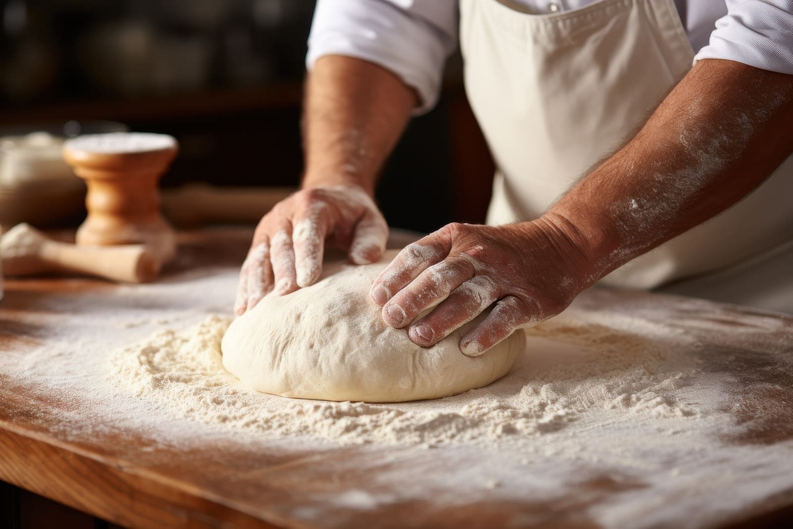 A person kneads dough on a wooden table, showcasing the process of preparing bread or pastry.