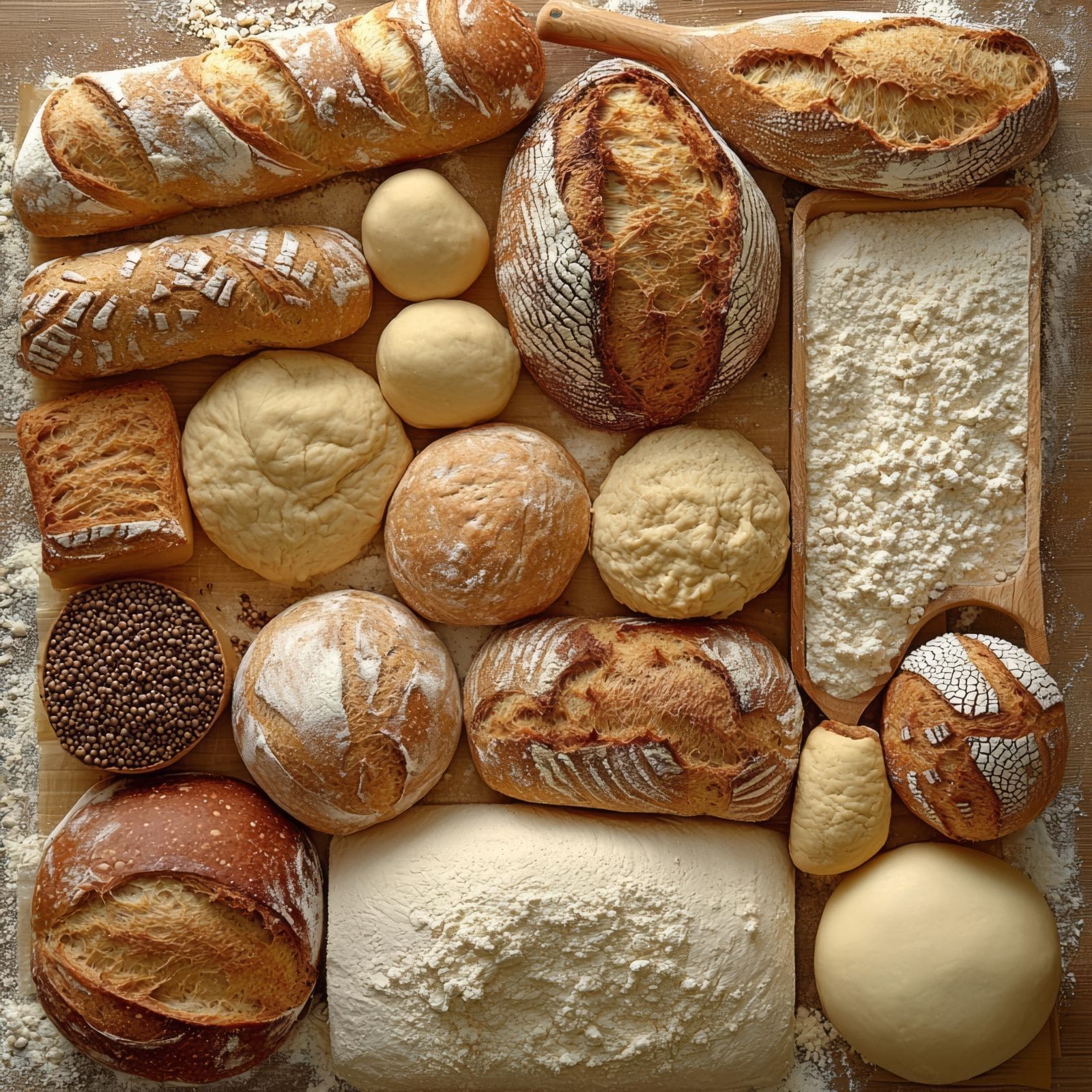 A selection of assorted breads and rolls beautifully displayed on a table, showcasing their diverse shapes and textures.