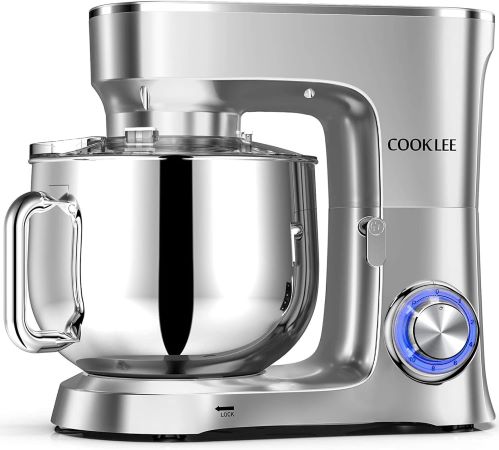 A silver mixer illuminated by a blue light, showcasing its sleek design and modern features.