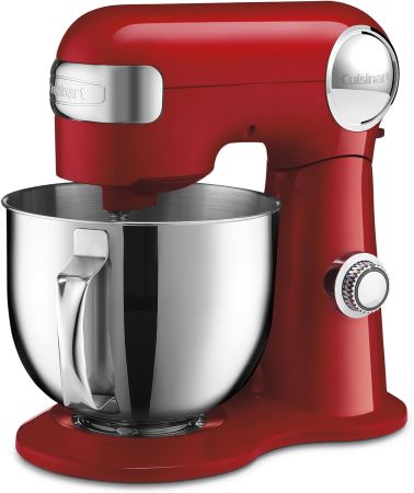 A red stand mixer featuring a shiny silver bowl, elegantly designed for efficient mixing in any kitchen.