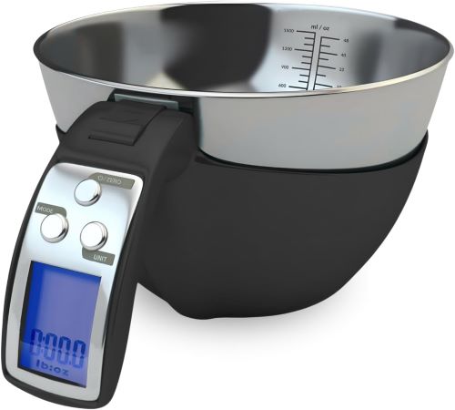 A digital measuring bowl featuring an integrated digital scale for precise ingredient measurements.