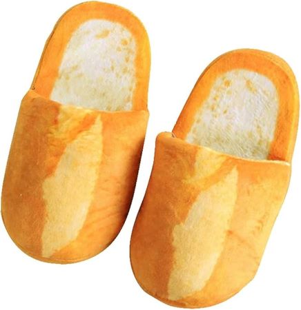 A whimsical pair of slippers designed to resemble slices of bread, showcasing a unique and playful footwear style.