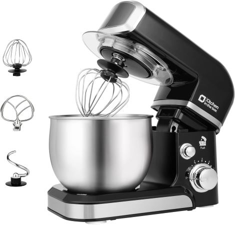 A sleek black and silver mixer featuring a whisk attachment, ideal for various culinary tasks in the kitchen.