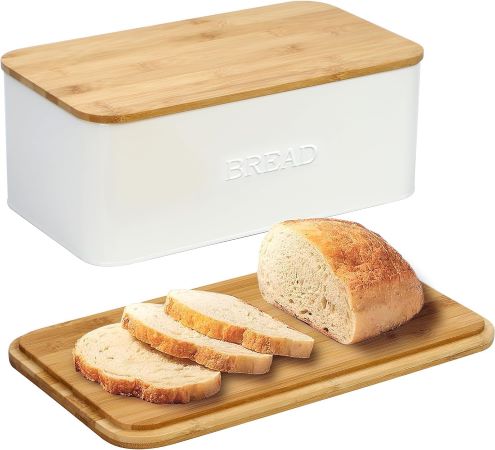 A wooden bread box with a tray, elegantly displaying freshly baked bread on top.