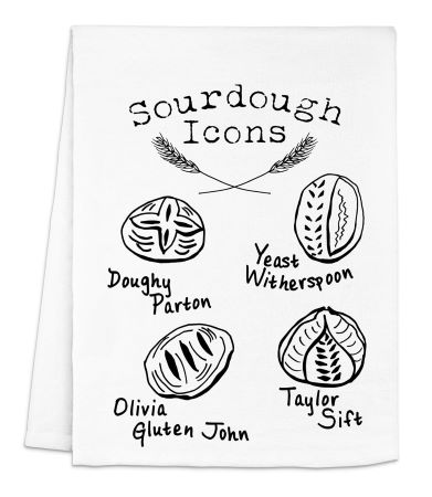 A tea towel featuring various sourdough bread icons, showcasing a rustic and culinary-themed design.