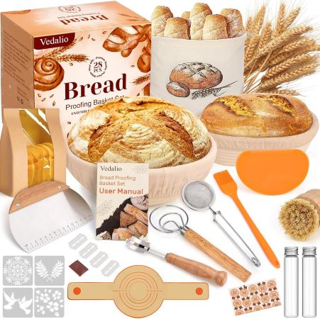 A bread baking kit featuring essential accessories: a bowl, spoon, spatula, knife, and wooden spoon for perfect baking.