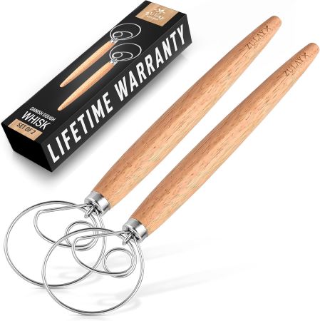 Two wooden skewers displayed prominently, featuring a lifetime warranty label for quality assurance.