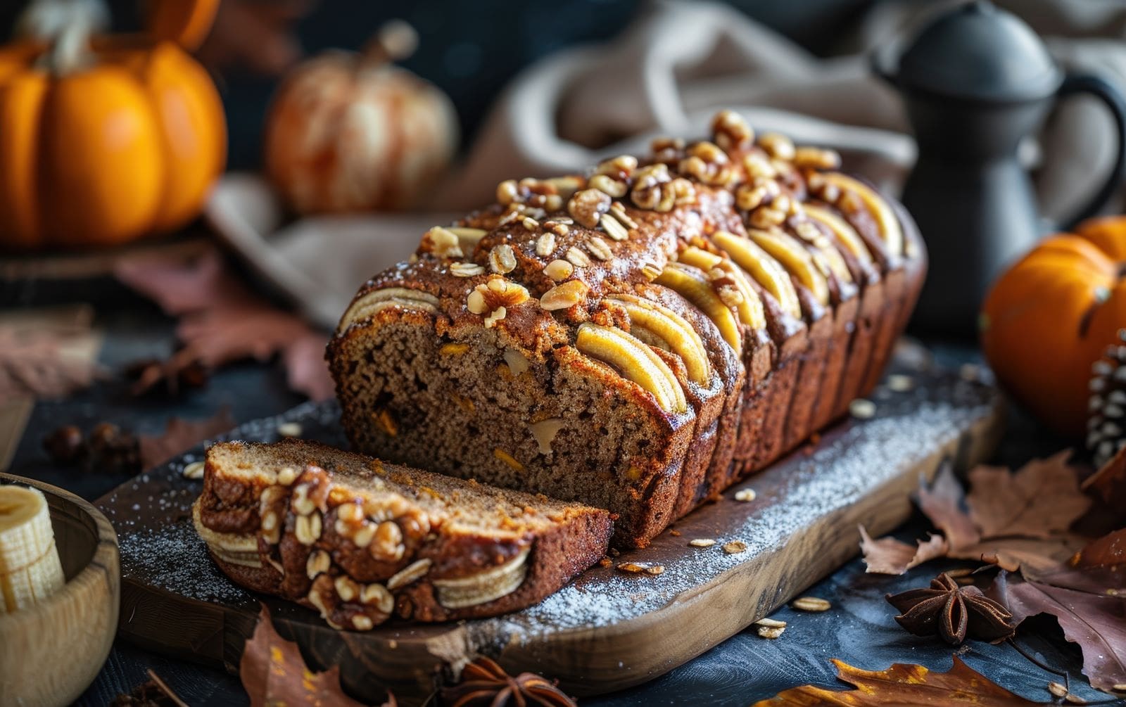 A freshly baked banana bread with nuts and pumpkin displayed on a wooden cutting board, ready to be served.