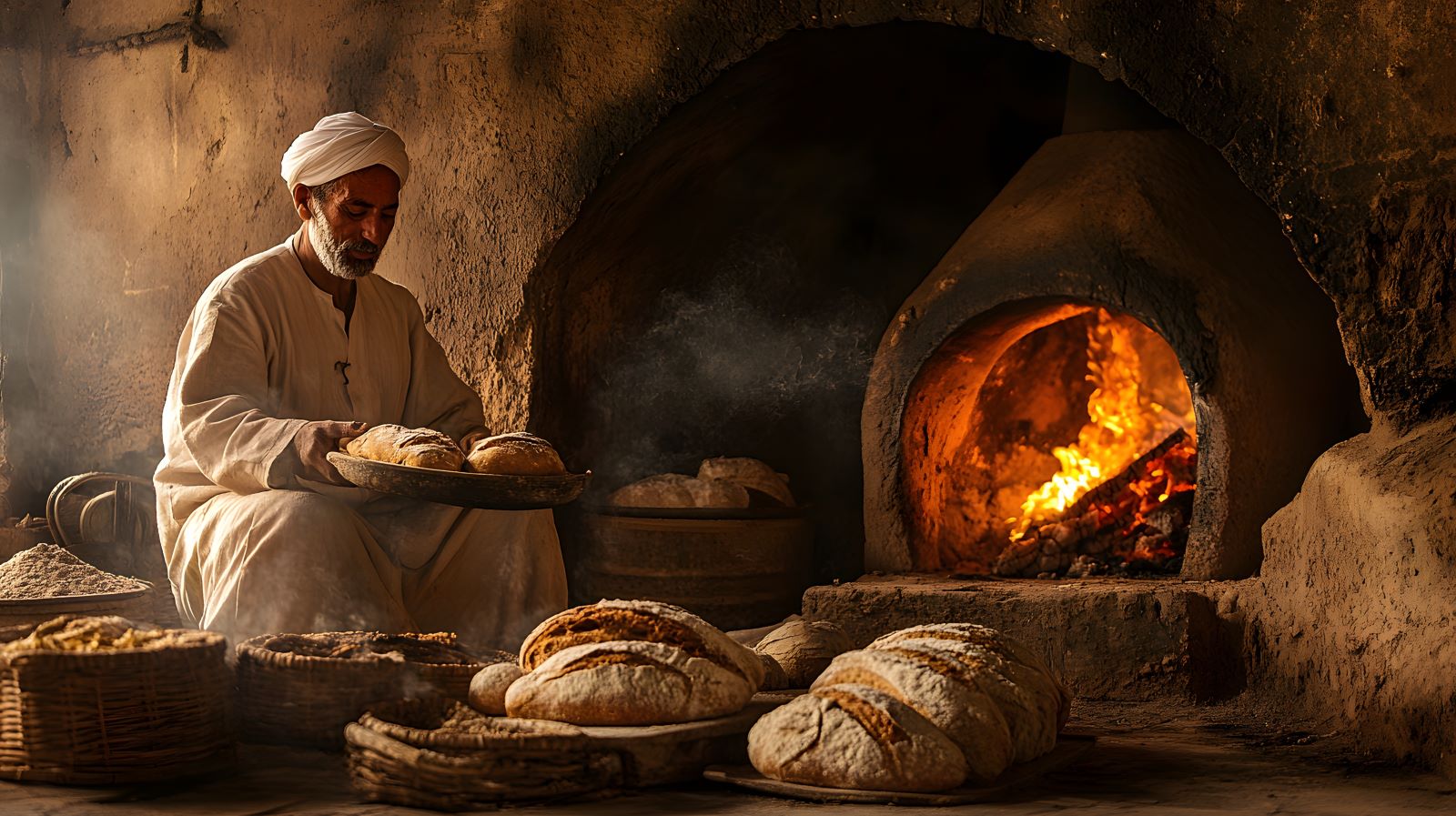 A man seated by a warm fire, enjoying freshly baked bread, creating a cozy and inviting atmosphere