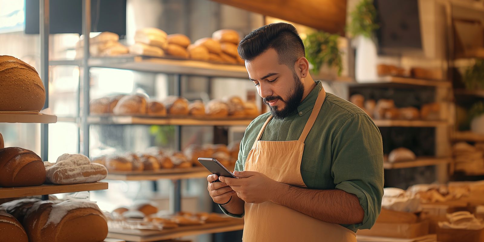 A man in an apron checks his phone while standing in a bakery, surrounded by fresh bread and pastries.