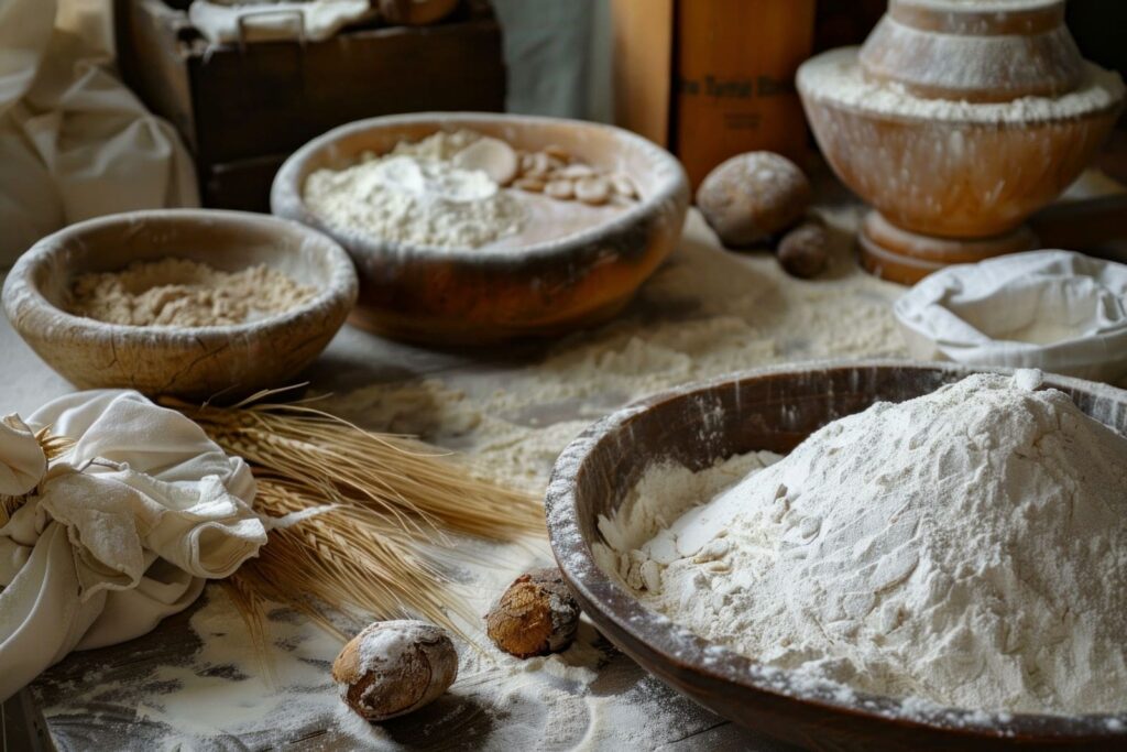 A table displaying flour, wheat, and various baking ingredients arranged neatly for culinary preparation.